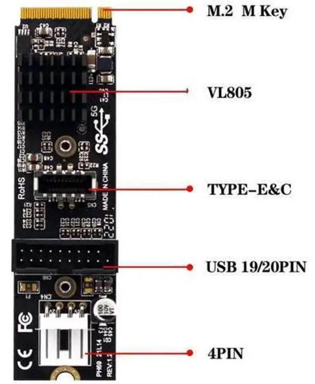 Alt view image 7 of 7 - Aomoproing 5Gbps Type-E USB 3.1 Front Panel Socket & USB 2.0 to NVME NGFF M-Key Express Card VL805 Adapter for Motherboard