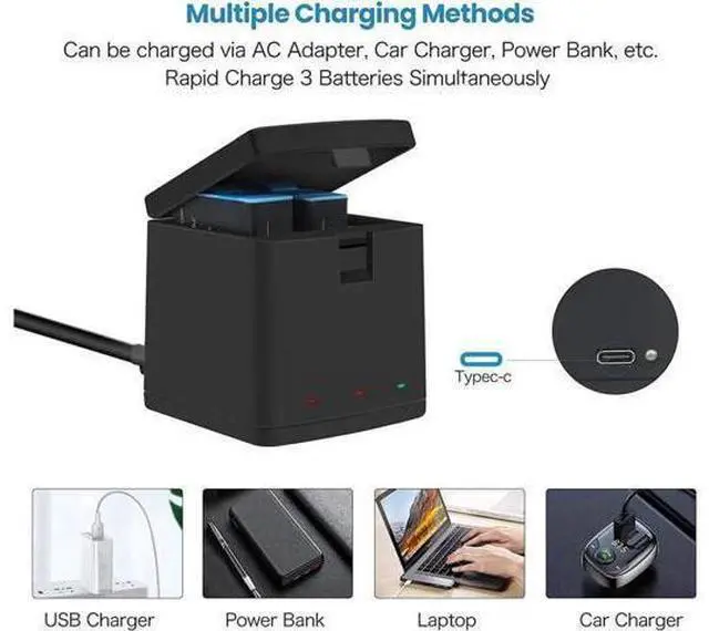 Alt view image 2 of 6 - Hero 11 / Hero 10 / Hero 9 Replacement Batteries 3-Pack and 3-Channel USB Charger Compatible with GoPro Hero 11 Black / Hero 10 Black / Hero 9 Black (Fully Compatible with GoPro Hero11 / Hero10 / Hero