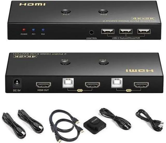 Main image of KVM Switch HDMI 2 Port 4K @60Hz, 2x1 HDMI KVM Switch for 2 Computers Sharing 1 Monitor and 3 USB Devices, with Extension Control Switch and 2 USB Cable & 2 HDMI Cable