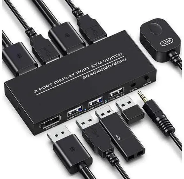 Main image of KVM Switch DisplayPort - 2 Port Displayport KVM Switch, Two Computers One Monitor Switch to Share Mouse,Keyboard,Printer,USB and Ultra HD Monitor, Support 4K@60Hz, 2 DP Cable and 2 USB Cable Included