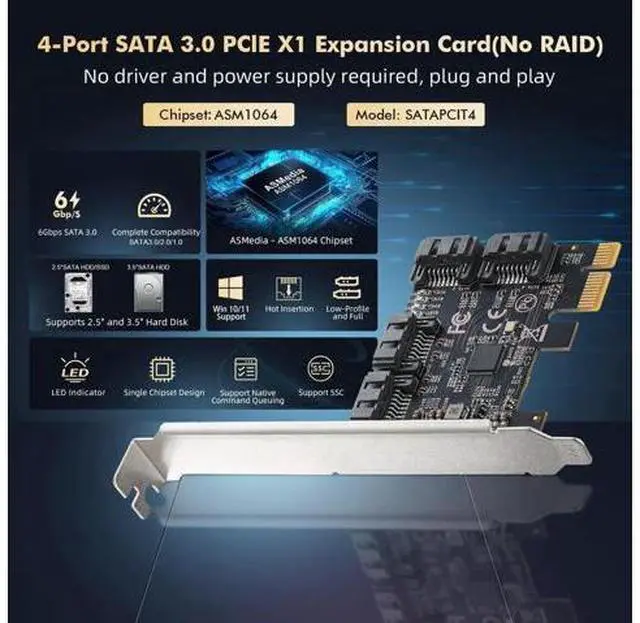 Alt view image 3 of 7 - Aomoproing PCIE X1 to SATA Card 4 Port, 6Gbps SATA 3.0 Controller, Includes 4 SATA Cables and Low Profile Bracket, for Windows 10/11