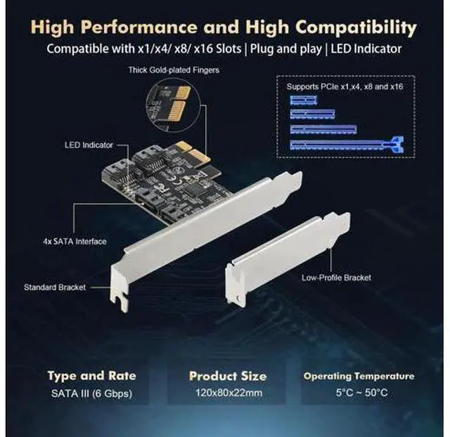 Alt view image 6 of 7 - Aomoproing PCIE X1 to SATA Card 4 Port, 6Gbps SATA 3.0 Controller, Includes 4 SATA Cables and Low Profile Bracket, for Windows 10/11