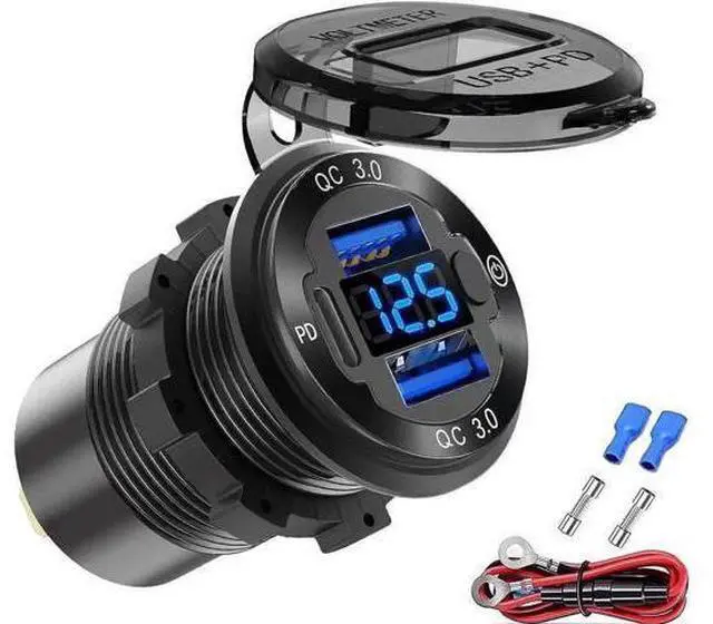 Main image of 12V USB Outlet Wire Aluminum Car Charger Multi Port, Dual USB Quick Charge 3.0 Port and PD USB C Socket with Voltmeter Switch for Car Boat Marine Truck RV, Fast Charge for iPhone iPad Android Phones