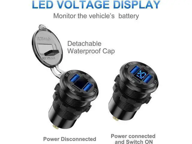 Alt view image 4 of 7 - 12V USB Outlet Wire Aluminum Car Charger Multi Port, Dual USB Quick Charge 3.0 Port and PD USB C Socket with Voltmeter Switch for Car Boat Marine Truck RV, Fast Charge for iPhone iPad Android Phones