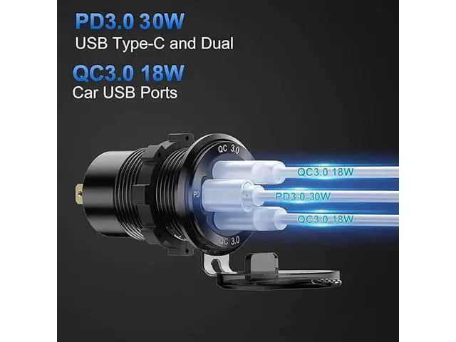 Alt view image 7 of 7 - 12V USB Outlet Wire Aluminum Car Charger Multi Port, Dual USB Quick Charge 3.0 Port and PD USB C Socket with Voltmeter Switch for Car Boat Marine Truck RV, Fast Charge for iPhone iPad Android Phones