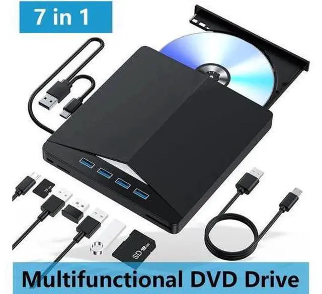 Main image of External CD/DVD Drive for Laptop - 7 in 1 USB 3.0 Type C Portable DVD Player, Portable CD/DVD Burner Optical CD DVD Drive, Compatible with Laptop, Desktop PC, Windows 11/10/8/7, Linux, Mac OS