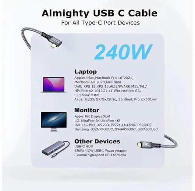 Alt view image 3 of 7 - USB C 3.2 Gen2 20Gbps Cable, 2PCS 90Degree Type C 4K@60Hz UHD Video 5A/240W PD3.1 Fast Charge Cord with E-Marker Compatible with Thunderbolt 3/4 for 15Pro MacBook (2PCS 90Degree 20G 240W 1M)