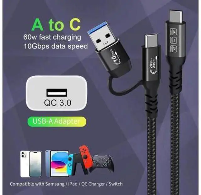 Alt view image 7 of 7 - Aomoproing USB2.0 A to USB C 3.2 Type C 20Gbps Male to Male Detachable 1m 3.3ft Cable Data Extension 10Gbps 240W Fast Charge 8K Ultra HD Video Data Connection Power Line