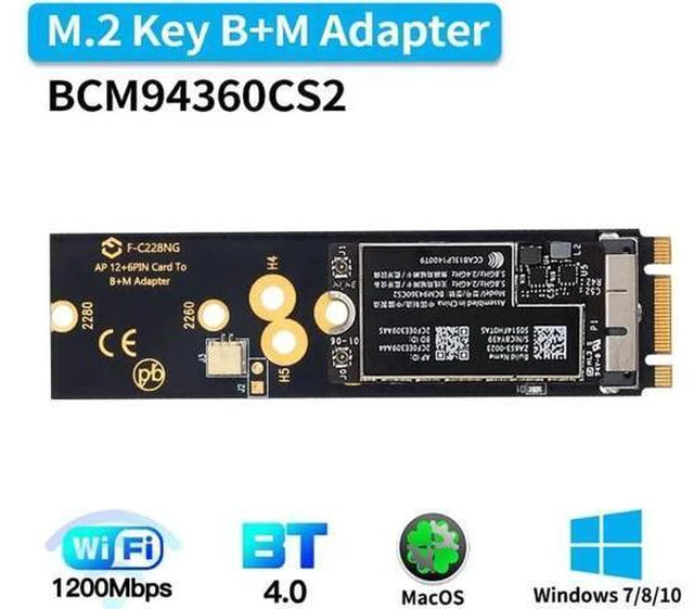 Alt view image 2 of 7 - Wireless BCM94360CS2 PCIE BT2 12+6 Pin Bluetooth WiFi Card Module to M.2 NGFF Key B+M Adapter for Mac OS