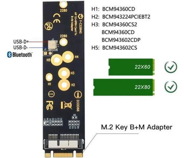 Alt view image 4 of 7 - Wireless BCM94360CS2 PCIE BT2 12+6 Pin Bluetooth WiFi Card Module to M.2 NGFF Key B+M Adapter for Mac OS