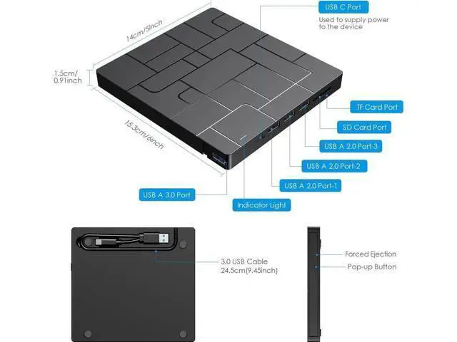 Alt view image 3 of 7 - New Upgraded External DVD Drive for Laptop, USB 3.0 Portable CD/DVD +/-RW Drive/DVD Player with 4 USB Ports & 2 SD Card Slots & 1 Type-C Ports Maximum 24x CD Write/Read Speed for Notebook OS Windows
