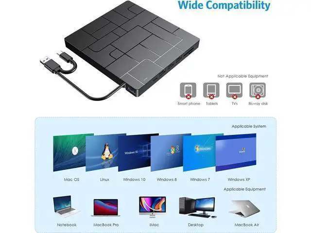 Alt view image 4 of 7 - New Upgraded External DVD Drive for Laptop, USB 3.0 Portable CD/DVD +/-RW Drive/DVD Player with 4 USB Ports & 2 SD Card Slots & 1 Type-C Ports Maximum 24x CD Write/Read Speed for Notebook OS Windows