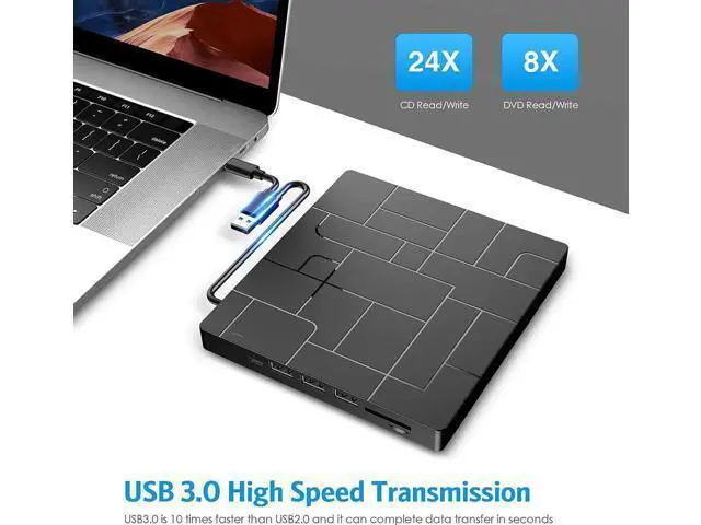 Alt view image 6 of 7 - New Upgraded External DVD Drive for Laptop, USB 3.0 Portable CD/DVD +/-RW Drive/DVD Player with 4 USB Ports & 2 SD Card Slots & 1 Type-C Ports Maximum 24x CD Write/Read Speed for Notebook OS Windows