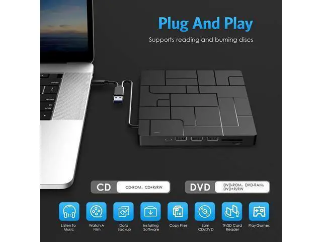 Alt view image 7 of 7 - New Upgraded External DVD Drive for Laptop, USB 3.0 Portable CD/DVD +/-RW Drive/DVD Player with 4 USB Ports & 2 SD Card Slots & 1 Type-C Ports Maximum 24x CD Write/Read Speed for Notebook OS Windows