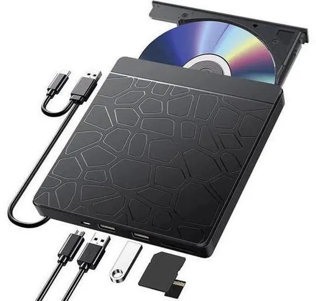 Main image of External CD DVD Drive for laptop Windows 11 10, USB 3.0 and Type-C Portable CD DVD +/-RW ROM Drive Reader CD/DVD Burner Rewriter with SD TF Slot & 2x USB Ports, Slim DVD/CD Player for Linux, Mac OS