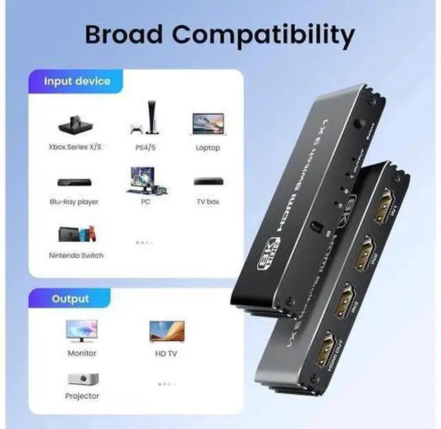 Alt view image 4 of 7 - 3 Ports 8K HDMI 2.1 Switch 3 in 1 Out 4K@120Hz 8K@60Hz HDMI Switcher Splitter with Remote, Support VRR ALLM Auto-Switching HDR 10 Dolby Vision/Avmos, for PS5/4, Xbox, PC, Apple-TV