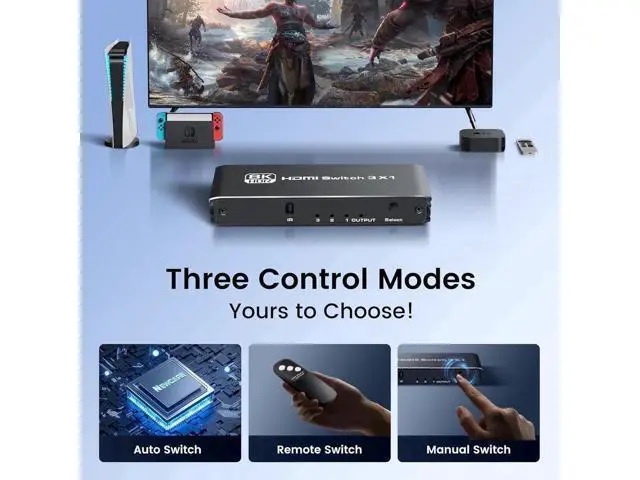 Alt view image 7 of 7 - 3 Ports 8K HDMI 2.1 Switch 3 in 1 Out 4K@120Hz 8K@60Hz HDMI Switcher Splitter with Remote, Support VRR ALLM Auto-Switching HDR 10 Dolby Vision/Avmos, for PS5/4, Xbox, PC, Apple-TV