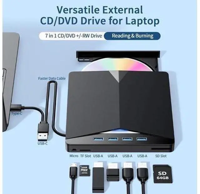 Alt view image 2 of 7 - External CD/DVD Drive for Laptop, 7-in-1 Portable DVD Player for Laptop, USB 3.0 Type C External CD DVD Burner with SD/TF Card Reader & 4-Port USB Hub, Compatible with Windows, Mac OS, Linux