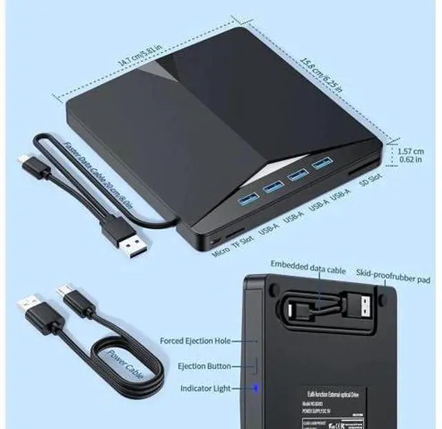 Alt view image 3 of 7 - External CD/DVD Drive for Laptop, 7-in-1 Portable DVD Player for Laptop, USB 3.0 Type C External CD DVD Burner with SD/TF Card Reader & 4-Port USB Hub, Compatible with Windows, Mac OS, Linux