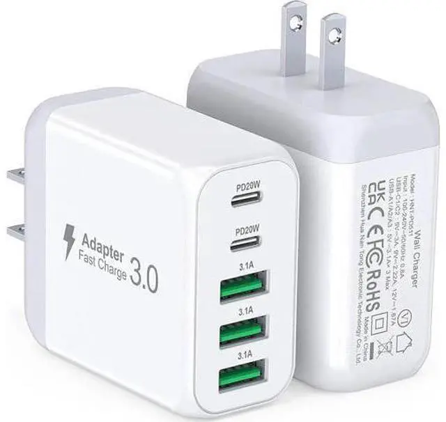 Main image of USB C Wall Charger Block 2Pack 50W 5-Port C Charger Fast Charging Block PD Power Adapter +QC 3.0 Multiport Type C Box Brick Cube USB A Wall Plug for iPhone 16/15/14 Pro Max Plus iPad Galaxy