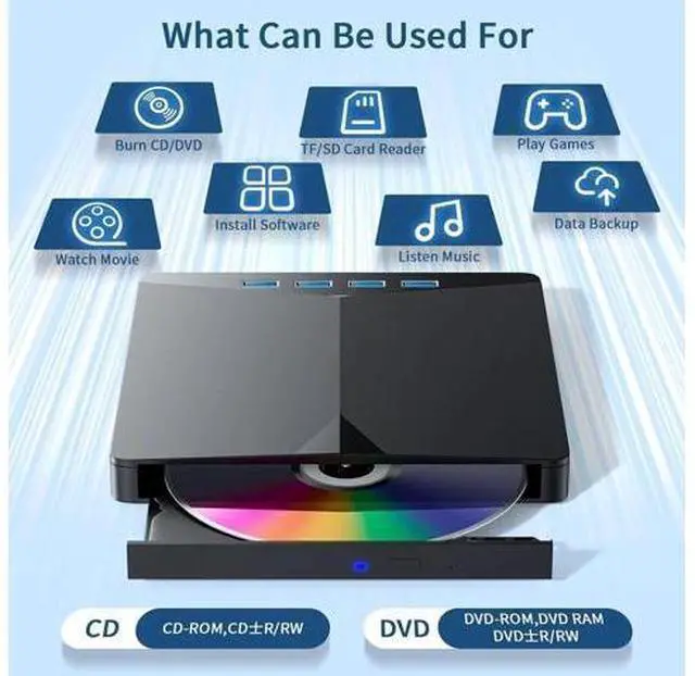 Alt view image 7 of 7 - External CD/DVD Drive for Laptop, 7-in-1 Portable DVD Player for Laptop, USB 3.0 Type C External CD DVD Burner with SD/TF Card Reader & 4-Port USB Hub, Compatible with Windows, Mac OS, Linux