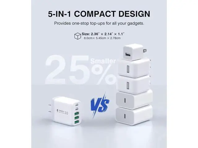 Alt view image 5 of 7 - USB C Wall Charger Block 2Pack 50W 5-Port C Charger Fast Charging Block PD Power Adapter +QC 3.0 Multiport Type C Box Brick Cube USB A Wall Plug for iPhone 16/15/14 Pro Max Plus iPad Galaxy