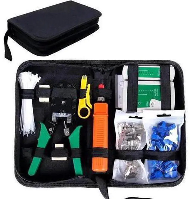 Main image of Network Tool Kit for Cat5 Cat5e, 9-in-1 Portable Crimping Tool Kit, 8P8C 6P6C 4P4C Connectors, RJ11/RJ12/RJ45 Cat5 Cat5e Network/Phone Cable Tester with Punch Down Tool, Black