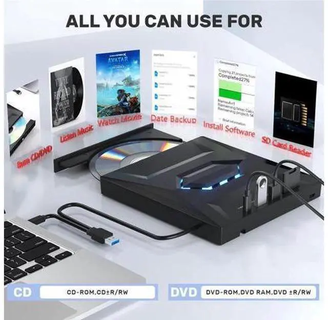 Alt view image 3 of 7 - External CD DVD Drive, USB C USB 3.0 Portable CD/DVD +/-RW Drive/DVD Player with SD Card Reader USB 3.0 USB C Hub CD ROM Burner Compatible with Laptop Desktop PC Windows Linux MacOS (Black)