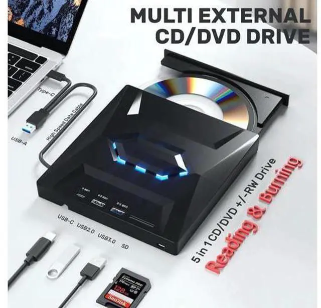 Alt view image 7 of 7 - External CD DVD Drive, USB C USB 3.0 Portable CD/DVD +/-RW Drive/DVD Player with SD Card Reader USB 3.0 USB C Hub CD ROM Burner Compatible with Laptop Desktop PC Windows Linux MacOS (Black)