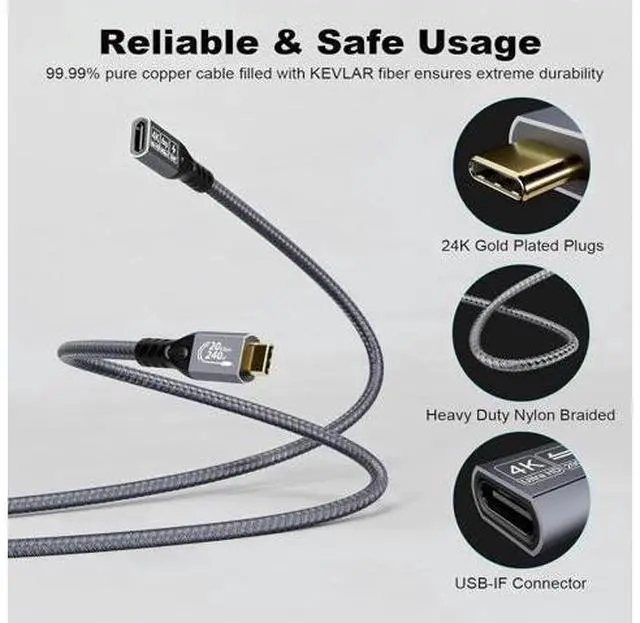 Alt view image 2 of 14 - Aomoproing Long USB C Cable 3.2 Gen-2 240W Charging Extension 3m 10ft Thunderbolt 3 Male to Female Data Transfer 20Gbps 48V/5A Type-C Video 4K Compatible with MacBook M1/M2/M3