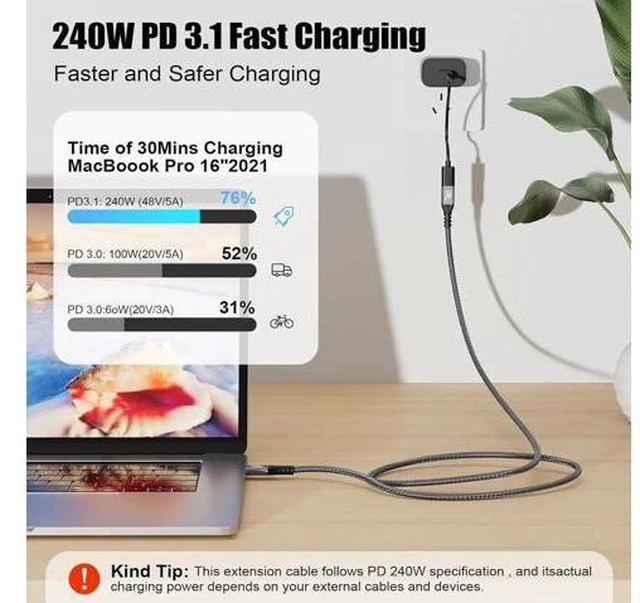 Alt view image 4 of 14 - Aomoproing Long USB C Cable 3.2 Gen-2 240W Charging Extension 3m 10ft Thunderbolt 3 Male to Female Data Transfer 20Gbps 48V/5A Type-C Video 4K Compatible with MacBook M1/M2/M3