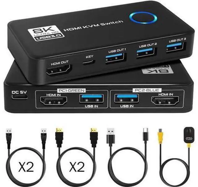 Main image of 2 Port HDMI KVM Switch, 8K@60Hz 4K@120Hz HDMI USB 3.0 KVM Switch for 2 Computer Share 1 HD Monitor and 3 USB 3.0 Devices, Included Wired Remote, 2 HD-MI 2.1 Cables and 2 USB 3.0 Cables