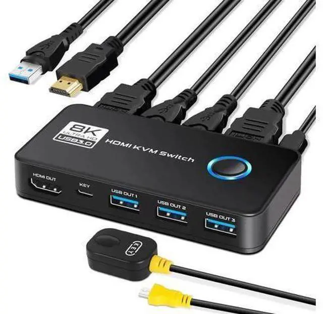 Alt view image 4 of 7 - 2 Port HDMI KVM Switch, 8K@60Hz 4K@120Hz HDMI USB 3.0 KVM Switch for 2 Computer Share 1 HD Monitor and 3 USB 3.0 Devices, Included Wired Remote, 2 HD-MI 2.1 Cables and 2 USB 3.0 Cables