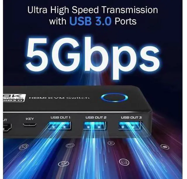 Alt view image 6 of 7 - 2 Port HDMI KVM Switch, 8K@60Hz 4K@120Hz HDMI USB 3.0 KVM Switch for 2 Computer Share 1 HD Monitor and 3 USB 3.0 Devices, Included Wired Remote, 2 HD-MI 2.1 Cables and 2 USB 3.0 Cables