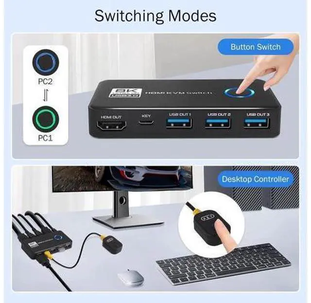 Alt view image 7 of 7 - 2 Port HDMI KVM Switch, 8K@60Hz 4K@120Hz HDMI USB 3.0 KVM Switch for 2 Computer Share 1 HD Monitor and 3 USB 3.0 Devices, Included Wired Remote, 2 HD-MI 2.1 Cables and 2 USB 3.0 Cables