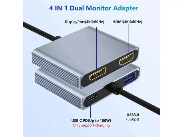 Alt view image 3 of 7 - USB C to DisplayPort and HDMI Adapter 4-in-1 with 100W PD & USB 3.0 Support Splitter Extended Display for Type C Devices, MacOS Only Mirrors Same Screen(SST), Windows Extend Two Different Screen