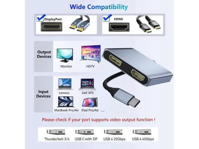 Alt view image 7 of 7 - USB C to DisplayPort and HDMI Adapter 4-in-1 with 100W PD & USB 3.0 Support Splitter Extended Display for Type C Devices, MacOS Only Mirrors Same Screen(SST), Windows Extend Two Different Screen