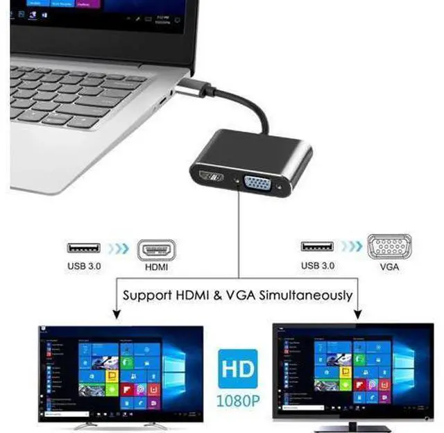 Alt view image 3 of 7 - USB 3.0 to HDMI VGA Adapter Gold-Plated Dual Output USB to VGA HDMI HD 1080P Converter Cable for Windows 7 / 8 / 10 Computers Black