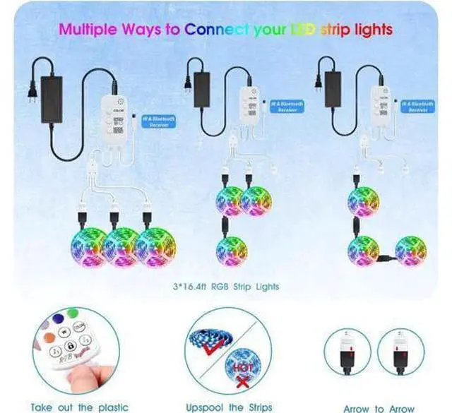 Alt view image 5 of 7 - 50ft/15M LED Strip Lights, HRDJ RGB LED Light Strip Music Sync RGB LED Strip,5050 SMD Color Changing LED Strip Light Bluetooth Controller + 24 Key Remote LED Lights for Bedroom Home Party