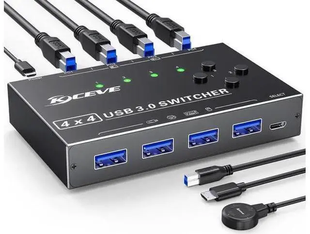 Main image of USB 3.0 Switch 4 Computers, 4 Port USB Switch Selector for 4 Computer Share 4 USB Devices, Keyboard Mouse Switch, 4 in 4 Out USB 3.0 Switcher with Wired Remote and 4 Standard USB-B Cables
