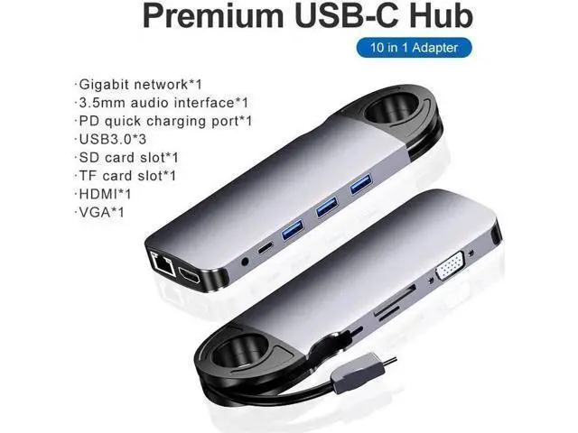 Alt view image 3 of 7 - 10 in 1 USB HUB USB-C To HDMI/VGA/RJ45 Adapter Type-c USB 3.0 Hub PC Mobile Phone Docking Station