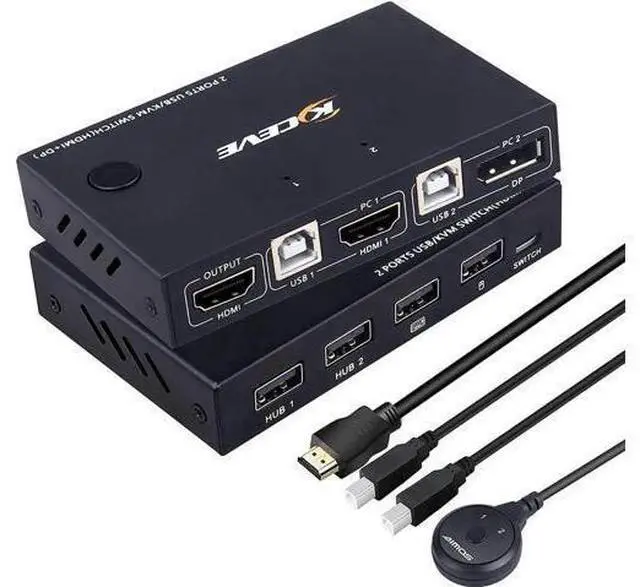 Main image of Displayport HDMI KVM Switch, DP+HDMI 2 Port KVM Switch, HDMI and Displayport USB Switch for 2 Computers Share One Set Keyboard Mouse Printer and One Monitor, 4K @30Hz with DP to HDMI Function