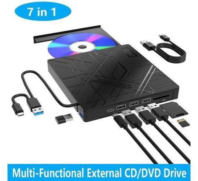 Main image of 7 in 1 External CD/DVD Drive for Laptop, USB 3.0 Ultra Slim Portable CD Burner with 4 USB Ports and 2 TF/SD Card Slots, External CD DVD Drive Compatible with Mac, PC, Windows 11/10/8/7, Linux