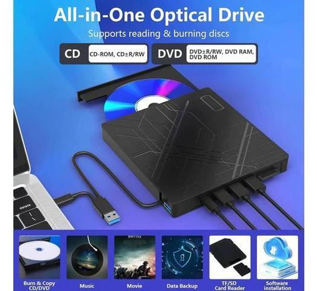 Alt view image 2 of 7 - 7 in 1 External CD/DVD Drive for Laptop, USB 3.0 Ultra Slim Portable CD Burner with 4 USB Ports and 2 TF/SD Card Slots, External CD DVD Drive Compatible with Mac, PC, Windows 11/10/8/7, Linux