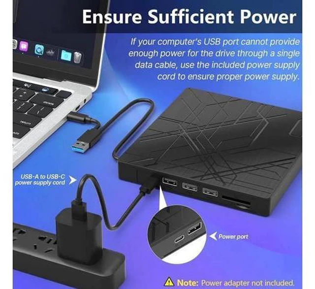 Alt view image 7 of 7 - 7 in 1 External CD/DVD Drive for Laptop, USB 3.0 Ultra Slim Portable CD Burner with 4 USB Ports and 2 TF/SD Card Slots, External CD DVD Drive Compatible with Mac, PC, Windows 11/10/8/7, Linux