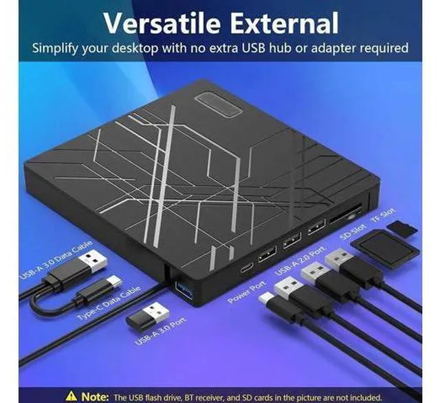 Alt view image 6 of 7 - 7 in 1 External CD/DVD Drive for Laptop, USB 3.0 Ultra Slim Portable CD Burner with 4 USB Ports and 2 TF/SD Card Slots, External CD DVD Drive Compatible with Mac, PC, Windows 11/10/8/7, Linux