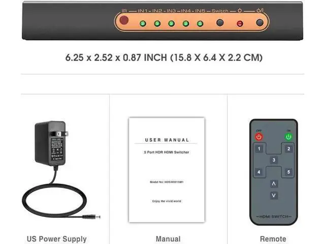 Alt view image 2 of 7 - 4K @60Hz HDMI Switch 5 Port Premium 5 in 1 Out 4K HDMI Switcher with IR Remote Support Auto-Switch, HDMI 2.0,HDCP 2.2,UHD,HDR,Full HD,3D,1080P (Upgraded Version)