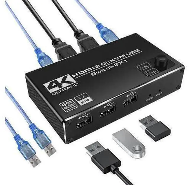 Main image of 2 Port HDMI KVM Switch 2 in 1 Out, 4K @60Hz HDMI USB2.0 KVM Switch for 2 Computers 1 Monitor Share Keyboard Mouse Button Switch, Metal Case, Button & Hotkey Switch, With 2 USB Cables
