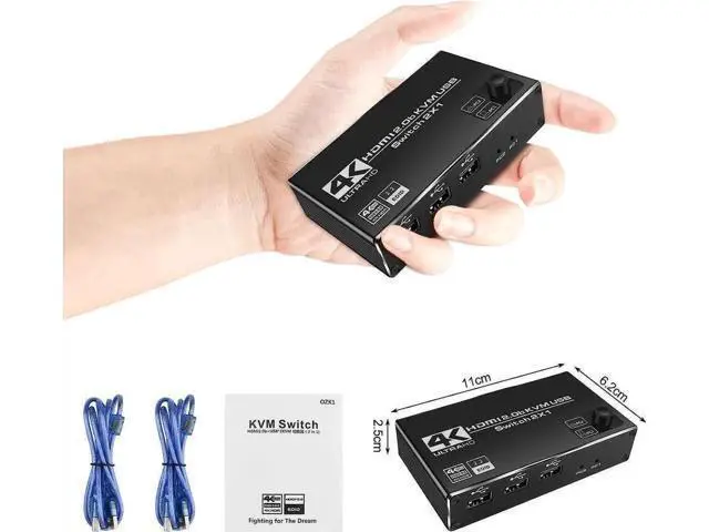 Alt view image 4 of 7 - 2 Port HDMI KVM Switch 2 in 1 Out, 4K @60Hz HDMI USB2.0 KVM Switch for 2 Computers 1 Monitor Share Keyboard Mouse Button Switch, Metal Case, Button & Hotkey Switch, With 2 USB Cables