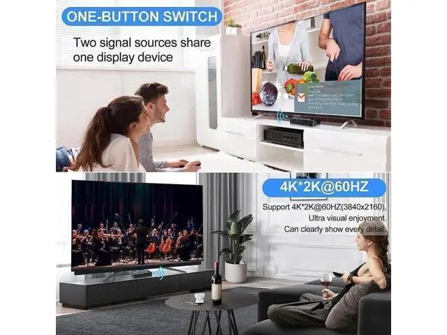 Alt view image 5 of 7 - 2 Port HDMI KVM Switch 2 in 1 Out, 4K @60Hz HDMI USB2.0 KVM Switch for 2 Computers 1 Monitor Share Keyboard Mouse Button Switch, Metal Case, Button & Hotkey Switch, With 2 USB Cables